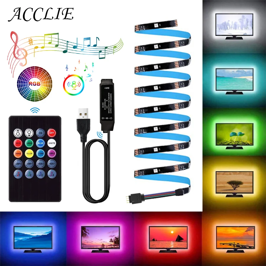 

Светодиодная лента 5050 USB гибкая лампа лента звуковой датчик RGB лента 1 м-10 м DC5V TV подсветка дистанционное управление ТВ фон Светодиодная ламп...