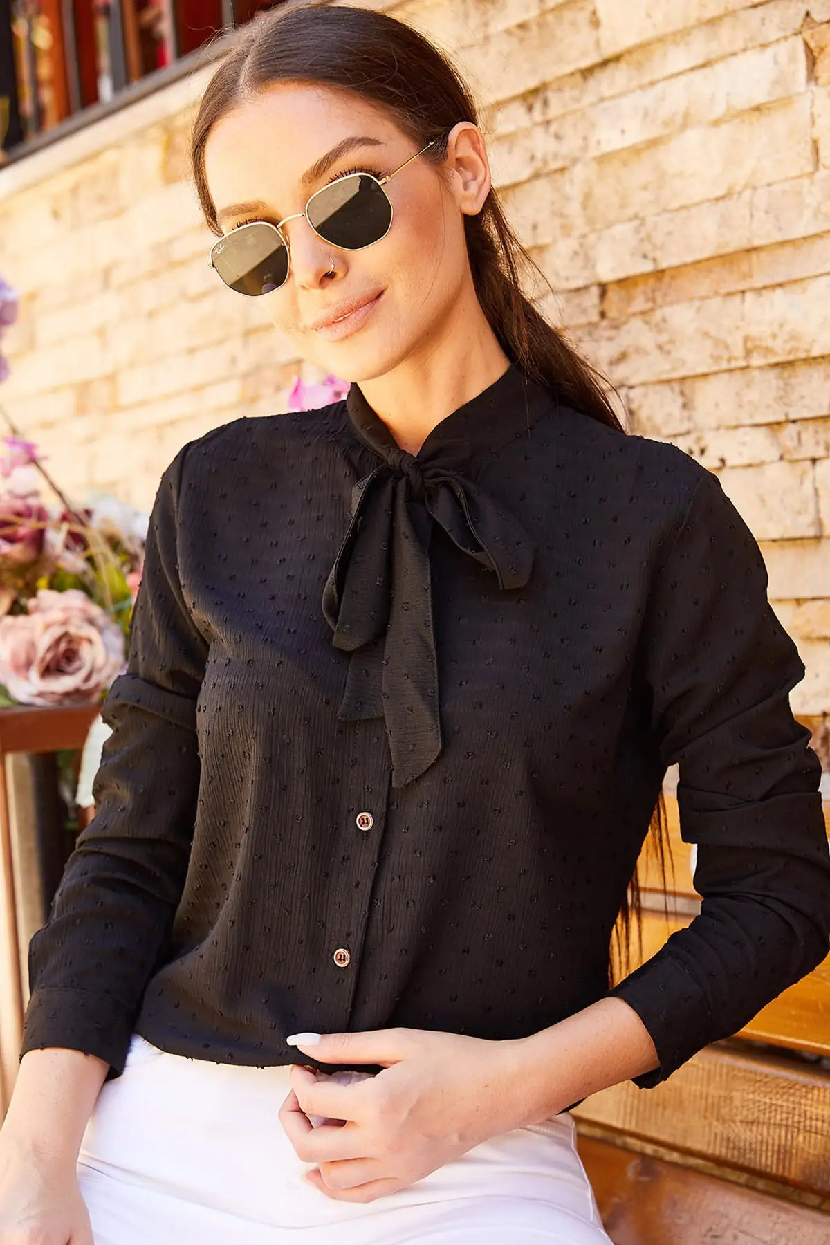 

2021 New Fashion Women Turquoise Collar Tie Patterned Shirt Sleeve Blouse Female Office Work Blouse Solid Vintage Blouse Shirt