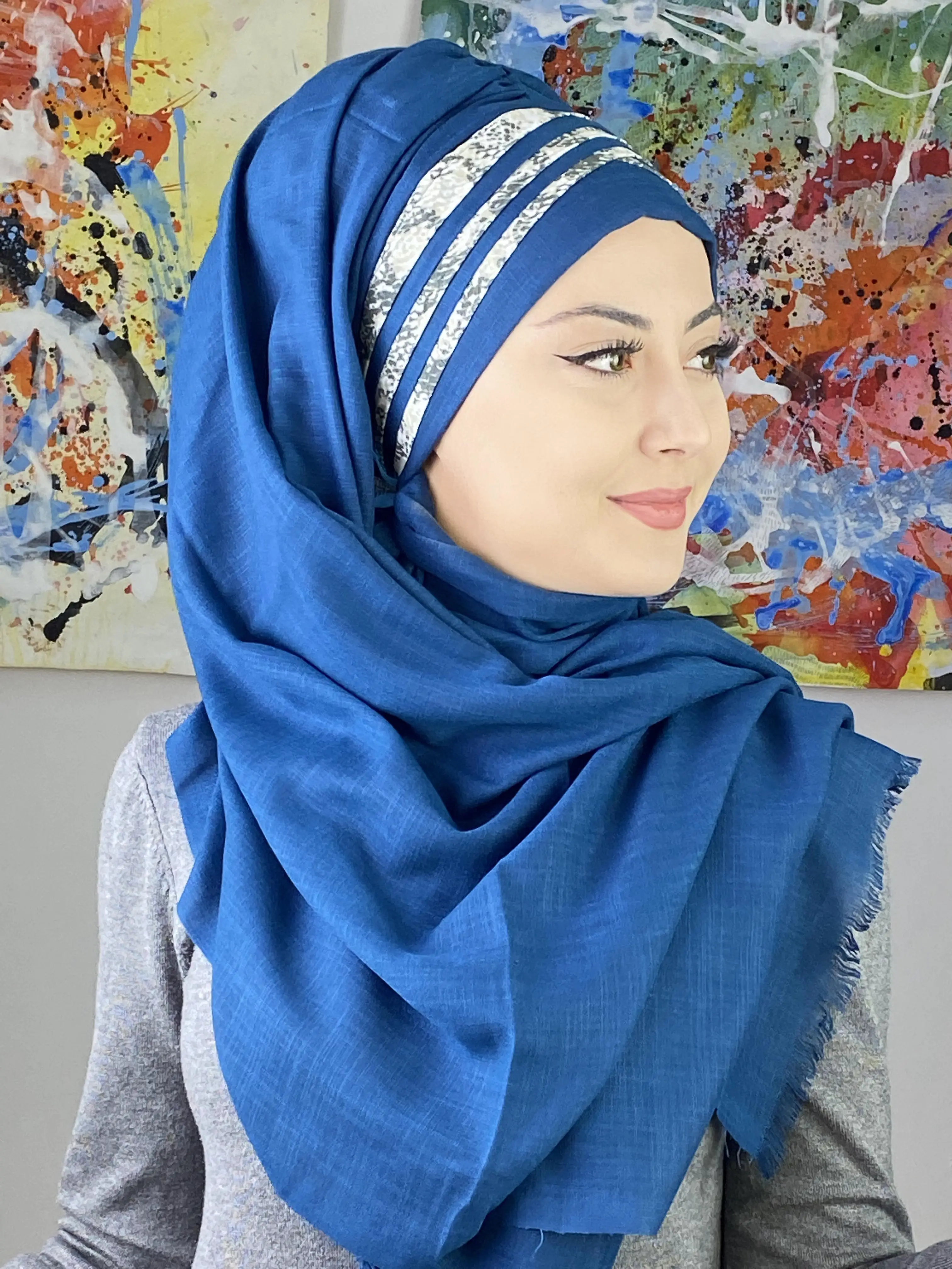 2022 New Fashion Hijab Islam Foulard Winter Scarves Musulman Women Products Hat Cross Draped Navy Blue Crocodile Pattern Shawl