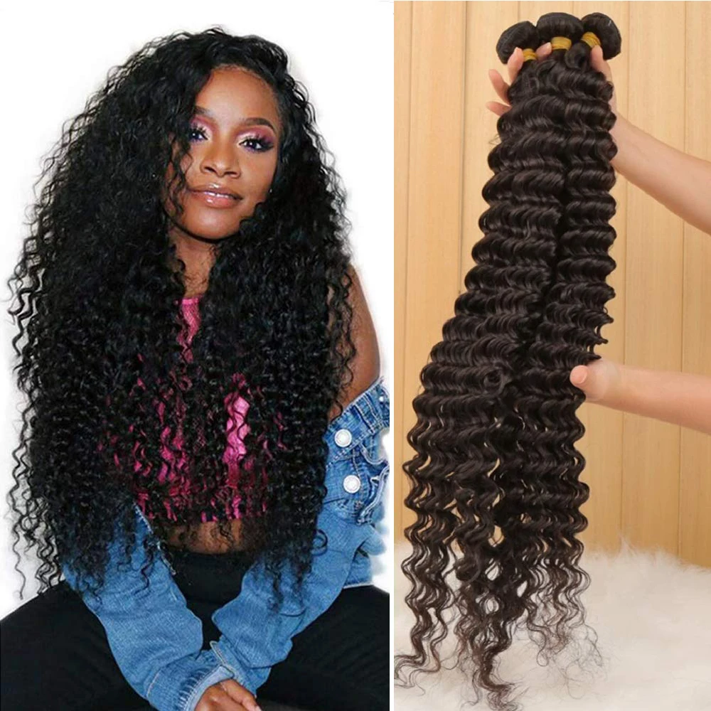 Human Hair Weave Deep Wave Remy Peruvian Bundles 100% Unprocessed Virgin Natural Color Wet and Wavy 10A Curly Tissage Cheveux