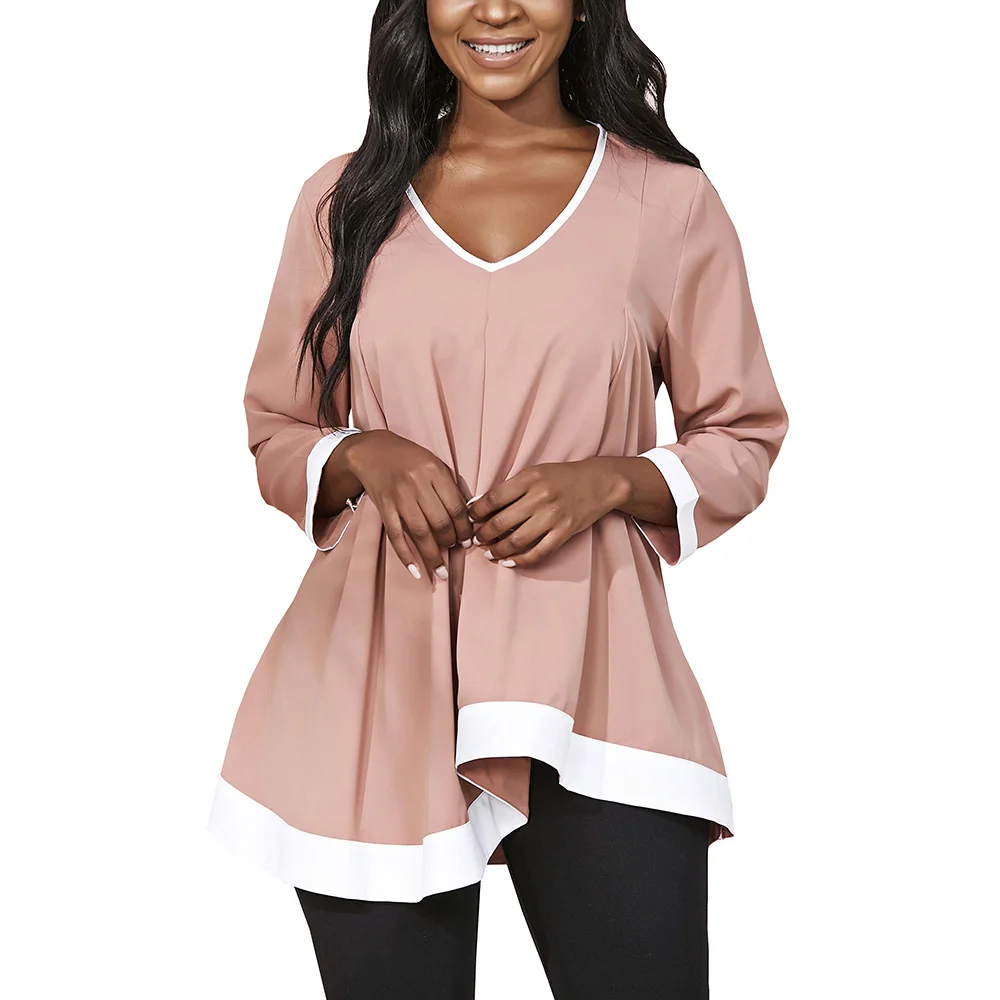 

Women's Summer Chiffon Blouses Female Polyester Solid Color Tops Lady Sundress V-Neck Casual Contrast Asymmetric Loose Shirt