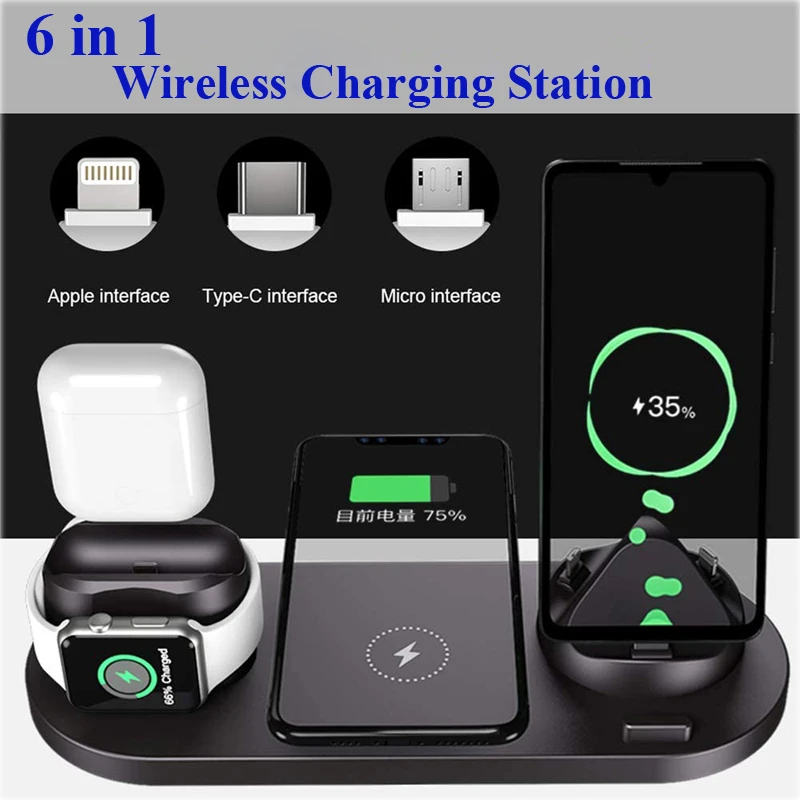 wireless charger 6 in 1 qi fast charging station for iphone 13 12 pro max apple iwatch se 6 5 4 3 2 airpods pro samsung galaxy free global shipping