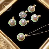 aazuo 18k yellow gold real natural opal seawater akoya round necklace with chain for woman for wedding engagement party au750