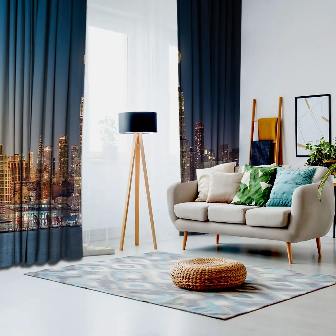 Занавески композитные день в ночь Timelapse с полной луной поднимающейся над Нью