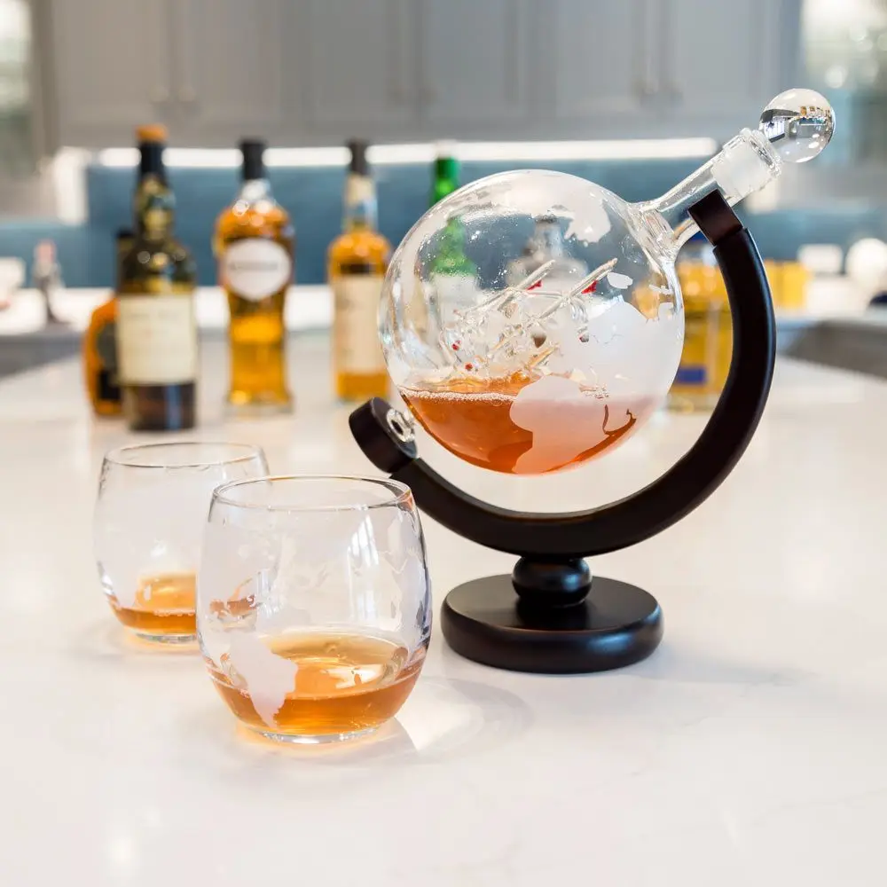 

PlumWheat Globe Wine Decanter Set with Lead-free Carafe Exquisite Wood-stand and 2 Whisky Glasses Ideal Gift