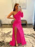 high slit prom dress with sequins long mermaid glitter one shoulder single sleeve evening dress with sequins vestidos de noche