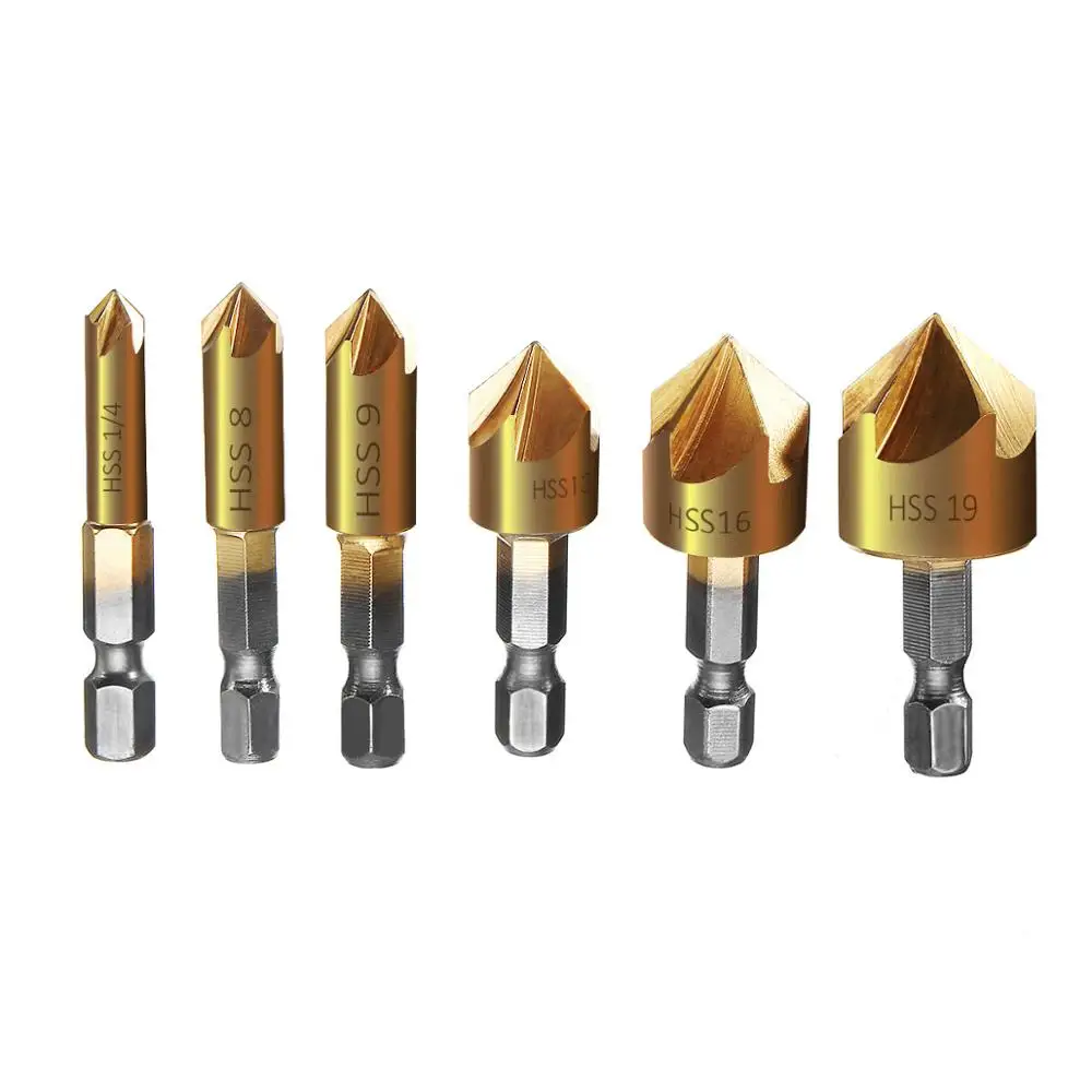 

6pcs 6-19mm Countersink Drill Bit 5 Flutes Hex Shank Titanium Coated Chamfer Cutter Set