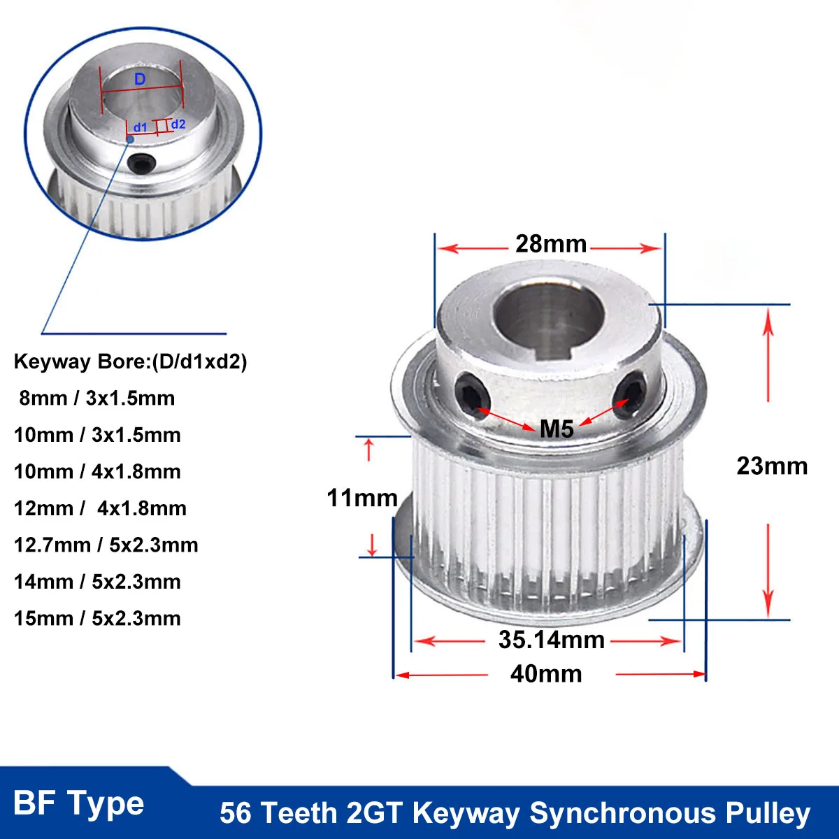 

56 Teeth 2GT BF Type Synchronous Timing Pulley Bore 8/10/1212.7/14/15mm Keyway Aluminium Idler Pulley For 10mm Width Timing Belt
