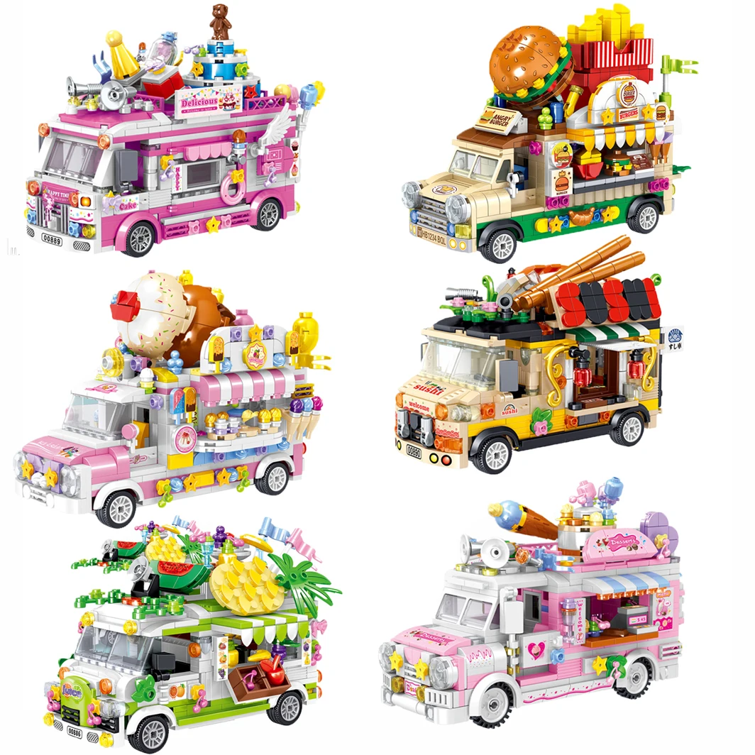 

New DIY Mini Street Food Store Truck Model Bricks MOC Fruit Hamburger Ice Cream Cute Car Building Blocks Toys for Kids Gifts