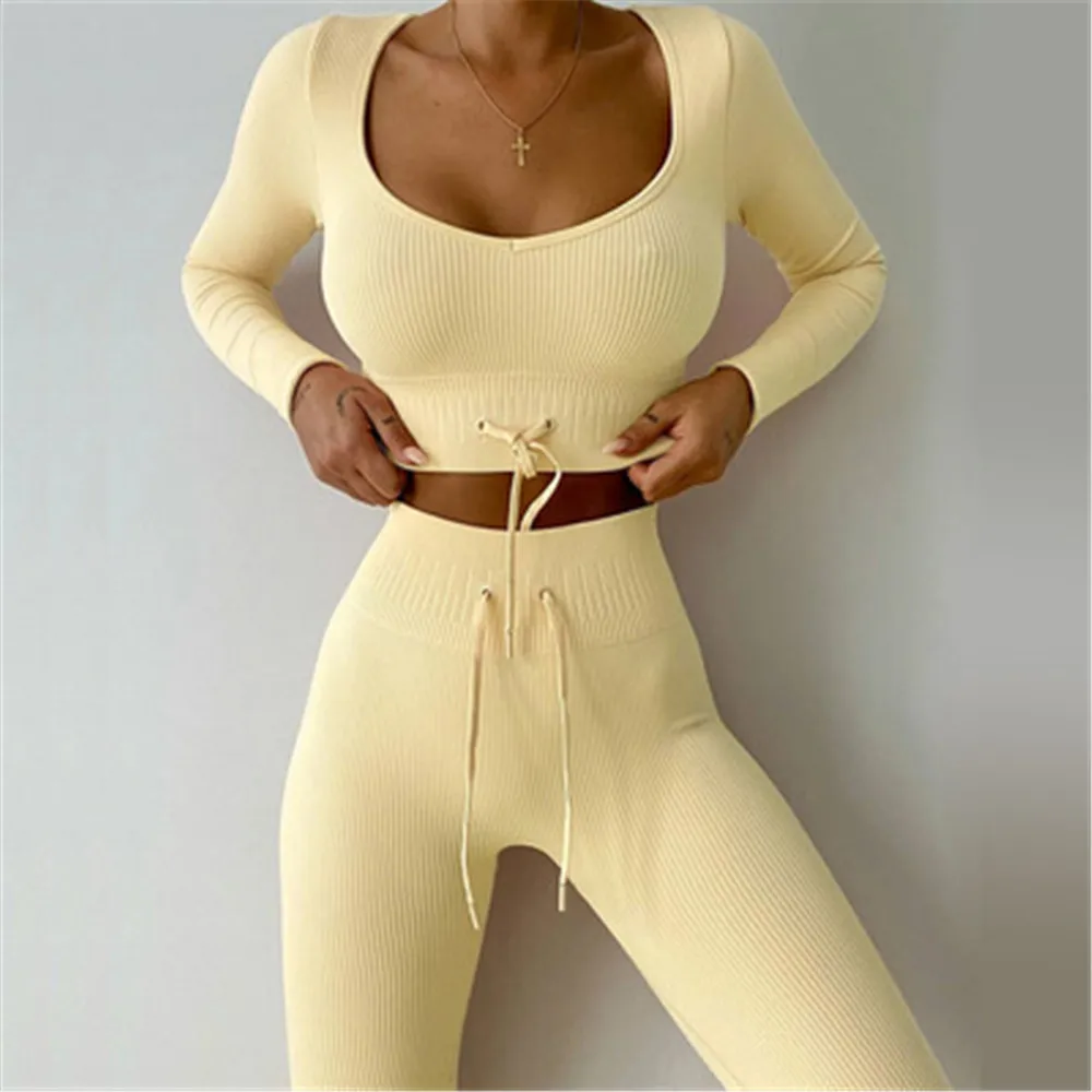 

Sports Suit For Women Long Sleeve Top Seamless Leggings High Elastic Belt Peach Hip Workout Women Cloths Gym Set Fitness Wear