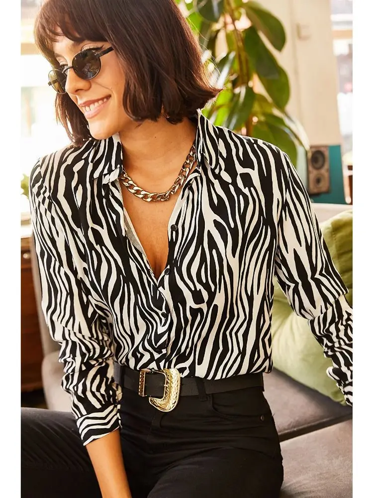 

Woman Shirt Black Colour Zebra Patterned Long Sleeve 2022 Fashion Spring Summer Viskon Turkish Style