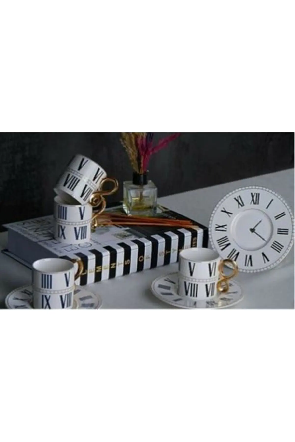

Turkish Coffee and Espresso Cup Set of 2 person ceramic small mug Roman Numeral Pattern Porcelain Black