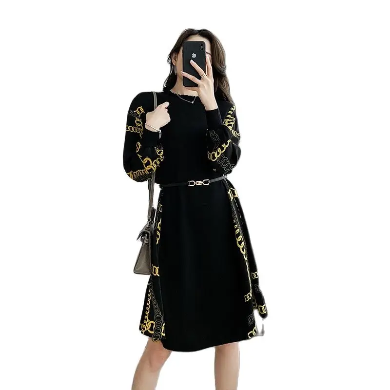 

Women's Large Spring/Summer 2022 New Ice Silk Knitted Women's Sewn Print Chiffon Loopy A-line Dress Fashion Midi Maxi