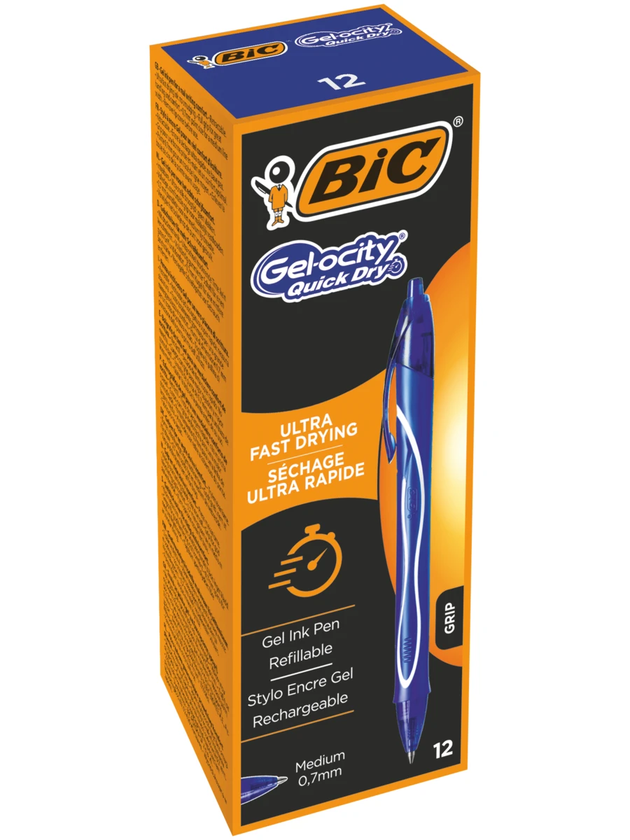 Ручка гелевая автоматическая синяя грип BIC Gel-ocity Quick Dry уп. 12 шт. | Канцтовары для
