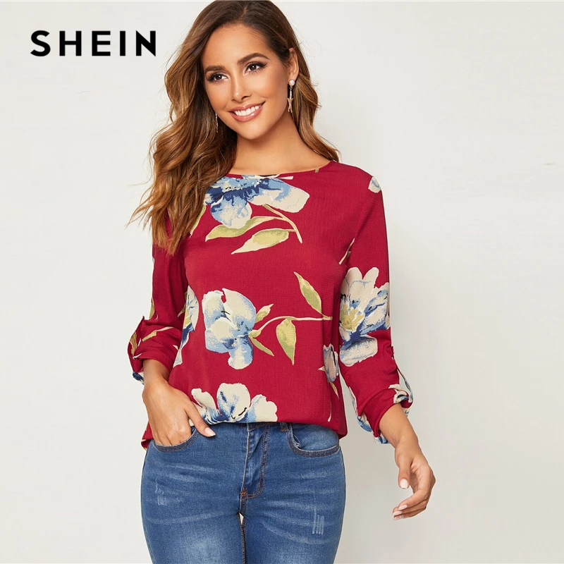 SHEIN, красный рулон, рукав-вкладка, цветочный принт, блузка, женские топы, весна-осень, круглый вырез, с закатанными рукавами, повседневные блузки