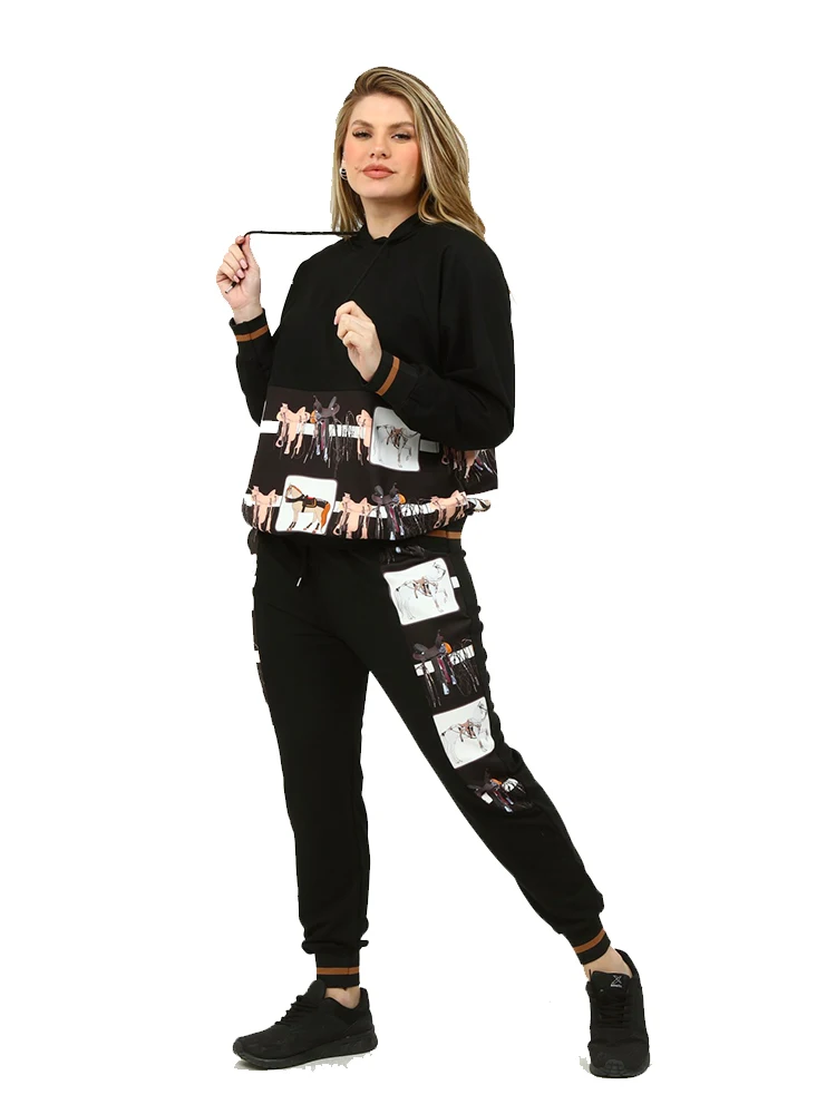 

Women’s Plus Size Black Sweatsuit Set 2 Piece Picture Print Detail Tracksuit, Designed and Made in Turkey, New Arrival