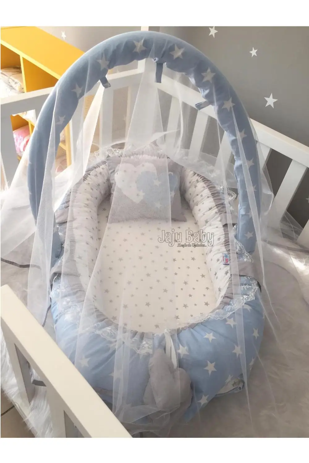 Jaju Baby Handmade Blue-Star Patterned with Mosquito Net and Toy Apparatus Luxury Design Babynest Mother Side Portable Baby Bed