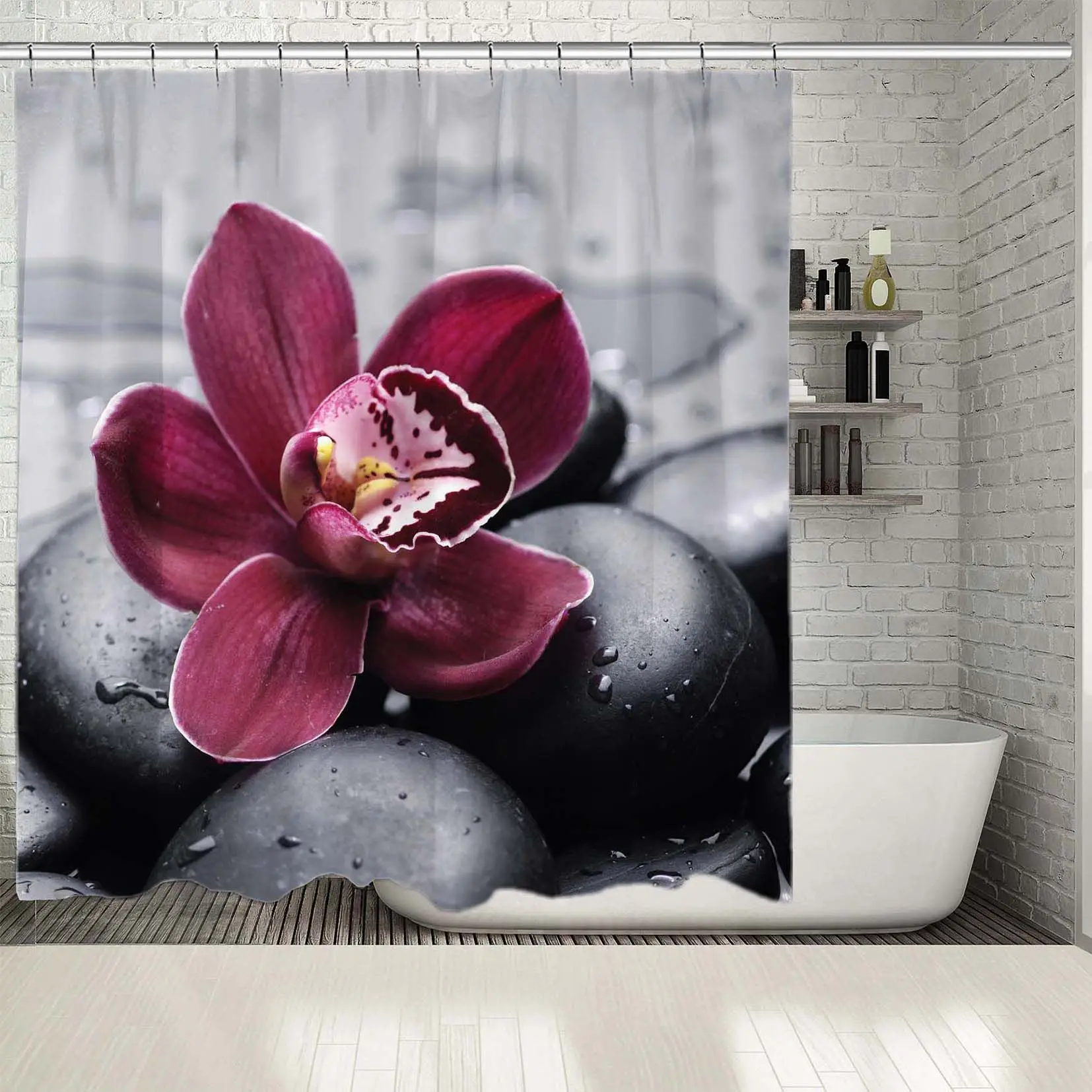 Занавеска для душа Орхидея на спа камни капли воды экзотическая Расслабляющая