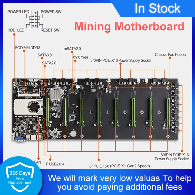 

BTC-T37/BTC-S37/BTC-D37 Mining Motherboard Expandable Port 8 * PCIE 16X /4 * USB2.0 /DDR3 Mining Slot/ Support 1066/1333/1600mhz