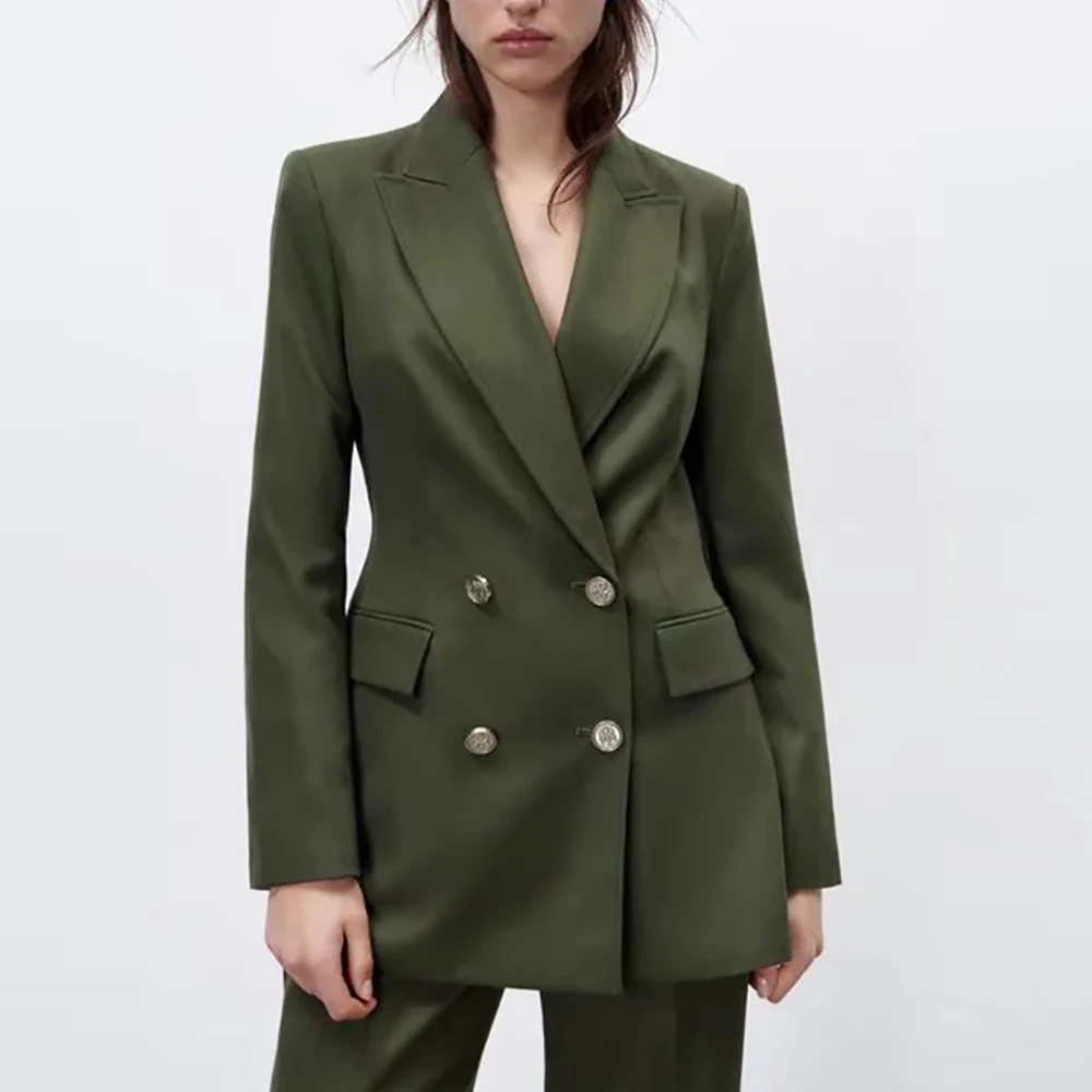 ZA 2Pcs Women Blazer Coats 2022 Fashion Design Notched Jacket OL Female Basic Double Breasted Pocket