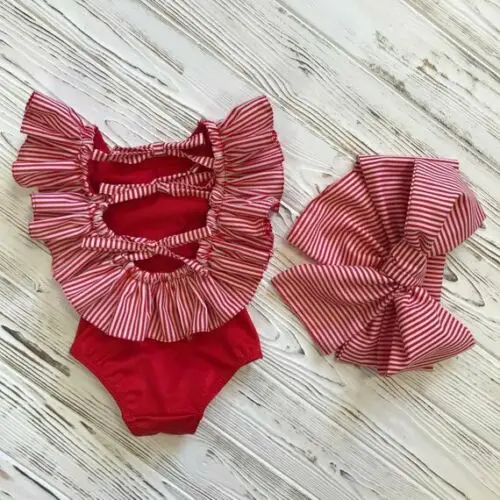 Детский купальный костюм с рюшами для девочек в полоску лета 2020|Комбинезоны| |
