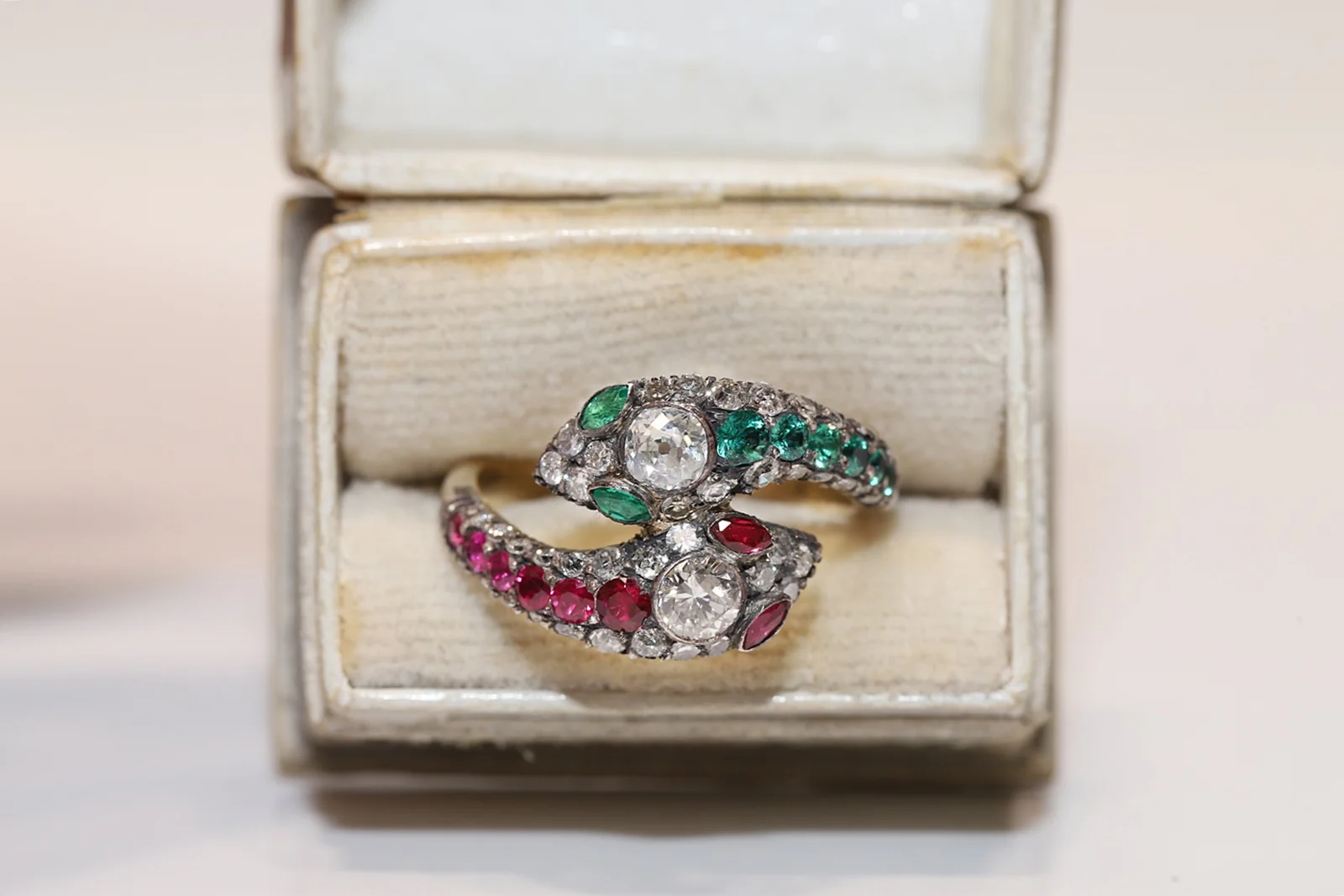 

Perfect Victorian Style New Made 14k Gold Natural Diamond And Ruby Emerald Decorated Pretty Snake Ring