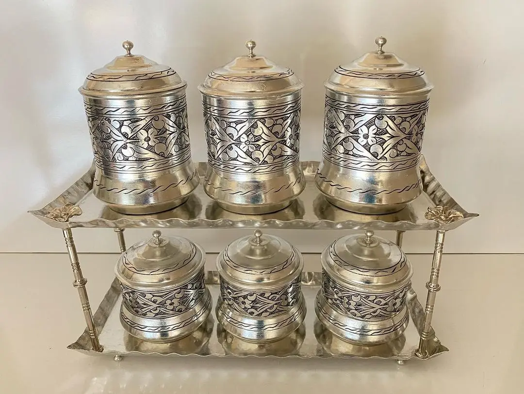 

SET OF 7 Pure Copper Storage Box Kitchen Utensil Handmade Canisters Spice Coffee Tea Box Hammer Surface Silver Color Jar Pot