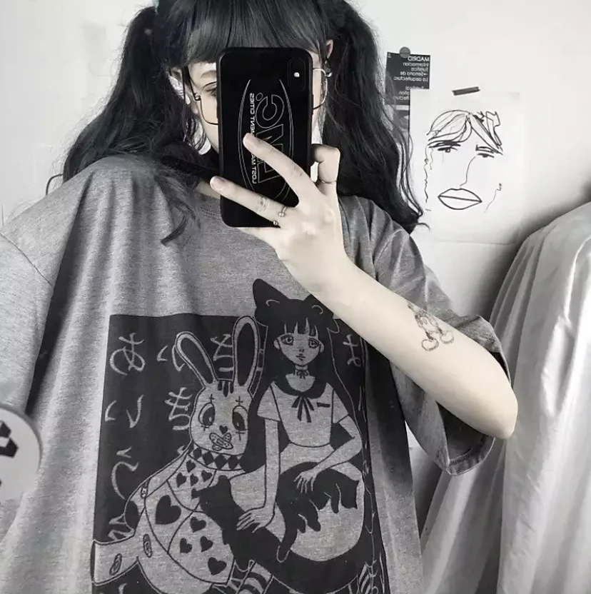 

Gray Melange Harajuku Punk Cartoon Unisex T-shrt Fashion Cotton O Neck Top Female TShirt on Street Trend 2021 New Summer