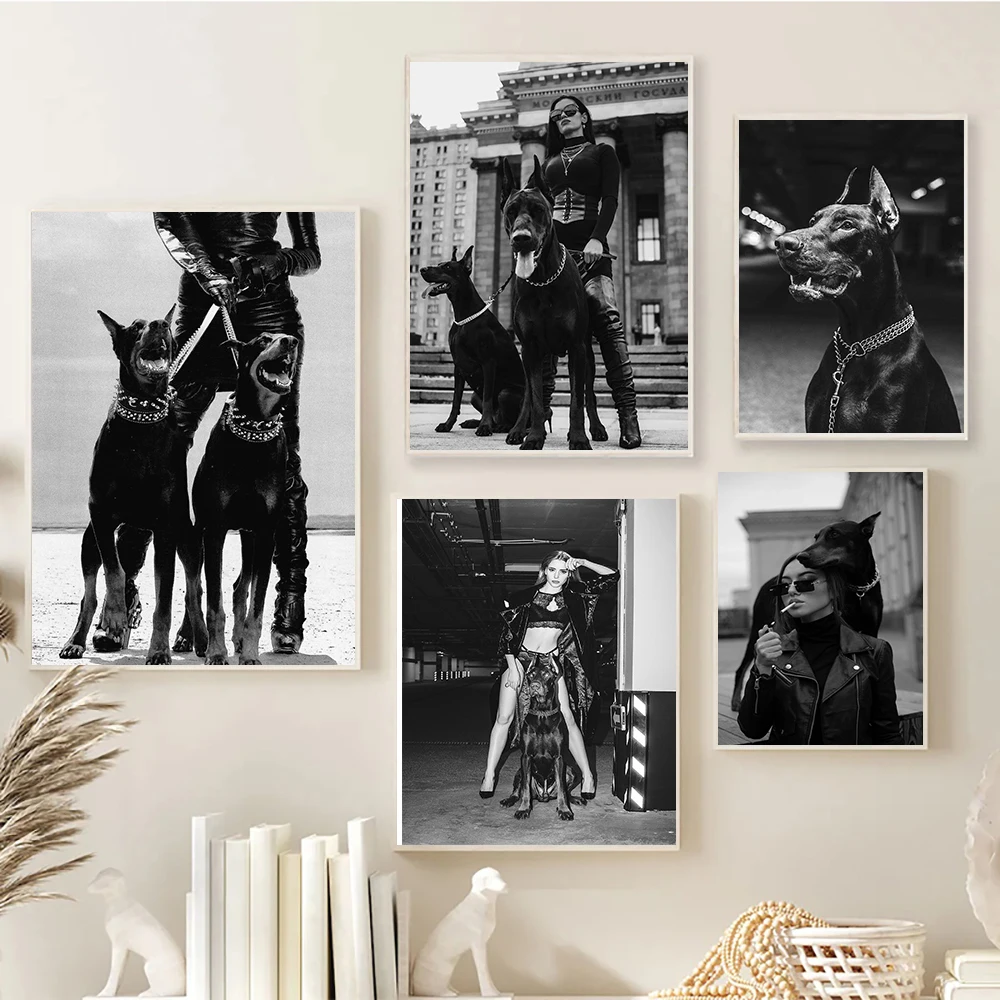 

Fashion Lady Star with Dog Poster Black and White Nordic Wall Art Pictures Canvas Painting Prints Living Room Home Decoration