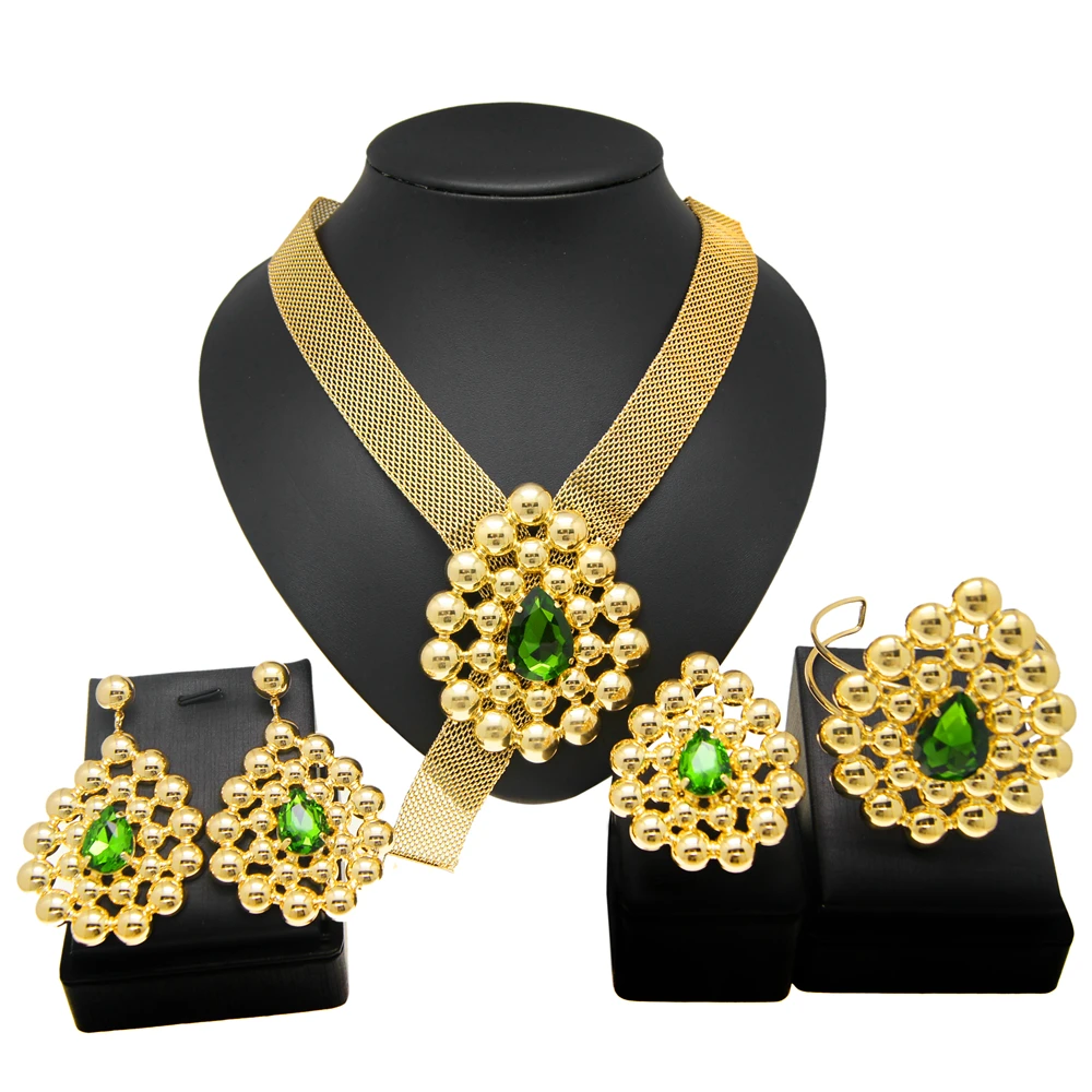 Yulaili, лидер продаж, элегантное модное благородное зеленое розовое ожерелье, серьги, кольцо, браслет, искусственное итальянское золото