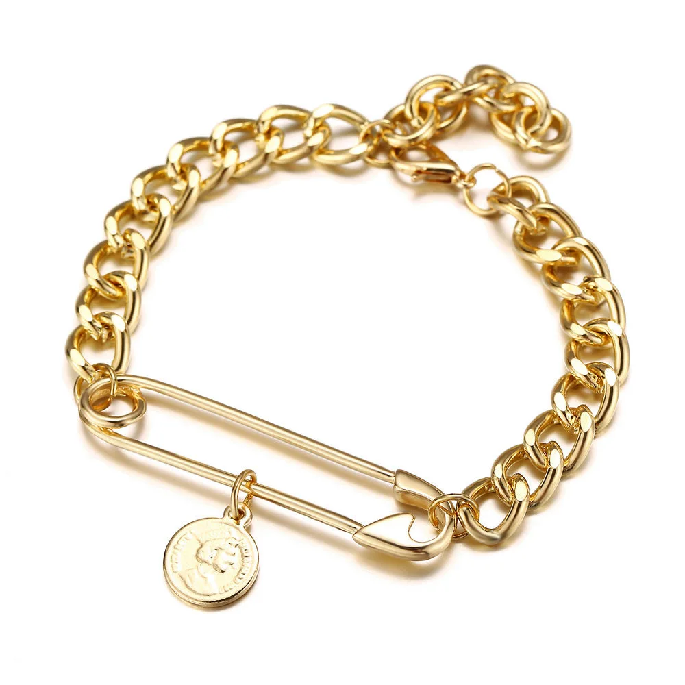 Gold Color Baroque Pearl Metal Link Chain Bracelet Fashion Portrait Coin Paper Clip Charm for Women Pulseras Mujer 2020 | Украшения и