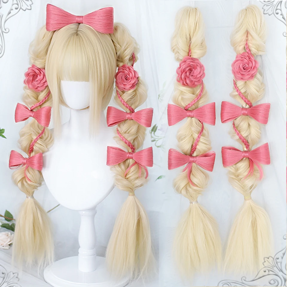 

HOUYAN Synthetic Cosplay Lolita Wig Long Straight Hair Blonde Bangs Short Wig and 100cm Ponytail Wig Heat Resistant Wig