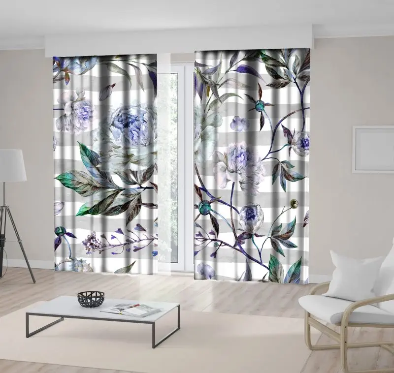 

Curtain Peony Flowers with Stems and Leaves on Stripes Summer Blooms Romantic Garden Art Gray White Green Blue