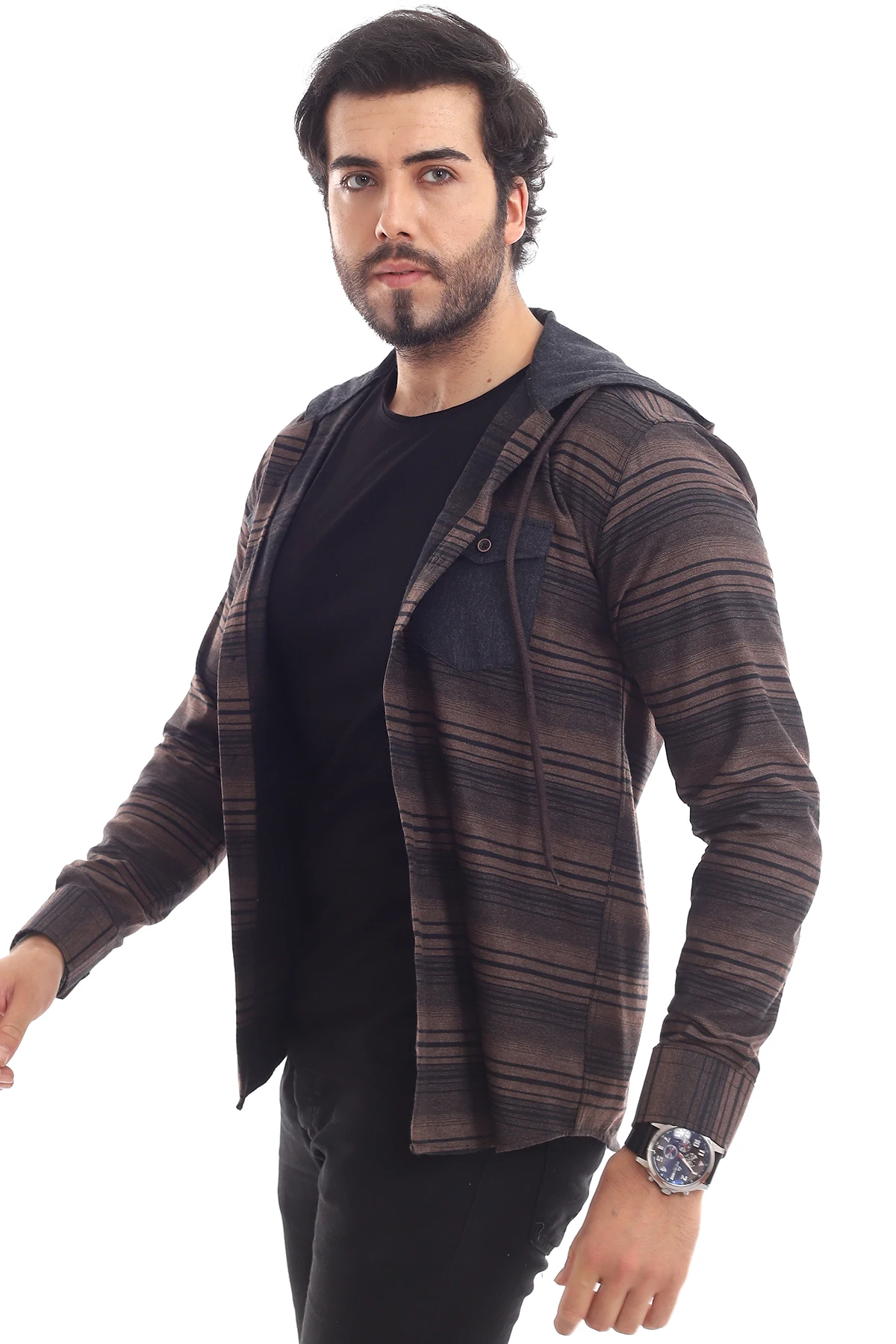 WOODCUTTERS HOODED CASUAL SLYM FİT MALE GÖMLEĞİ (BLACK BEIGE) | Мужская одежда