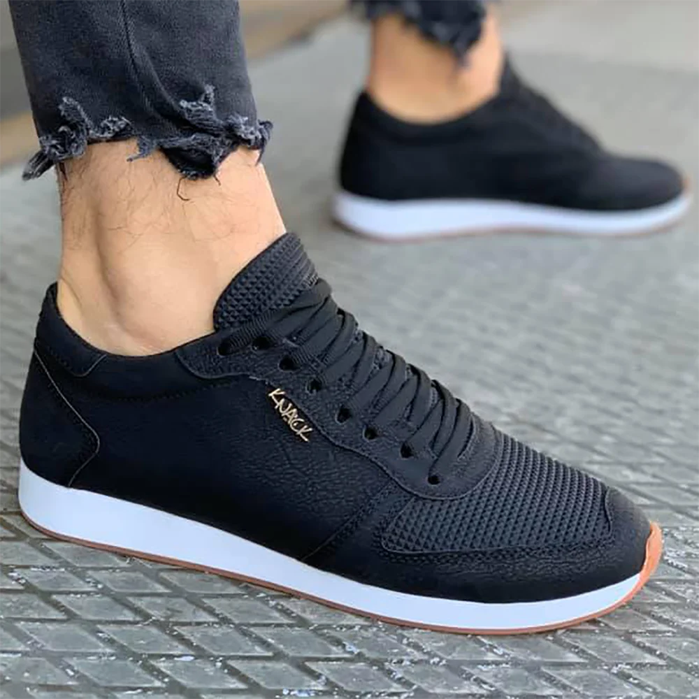 

Knack Casual Men's Shoes Black Lace-up Closure Faux Leather Scalloped White Sole Spring and Summer Seasons Stylish Fashionable Casual Walking Male Sneakers Air Vivid Solid Color Quality Lightweight Outdoor Luxury 002