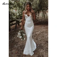 sexy soft satin mermaid wedding dresses simple deep v neck spaghetti straps criss cross off the shoulder backless court train