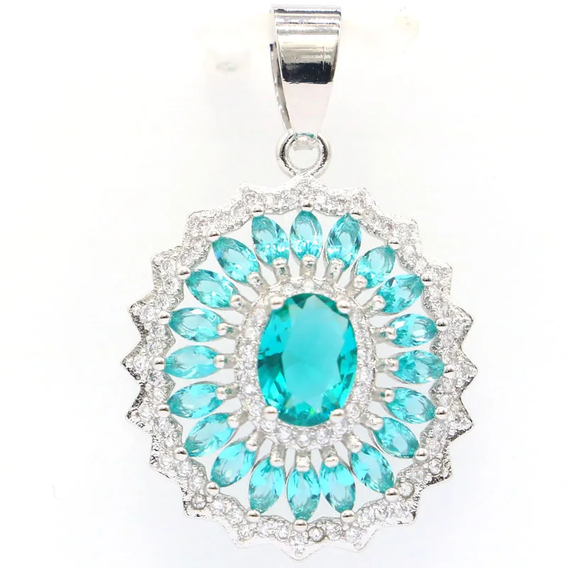 

33x22mm Delicate Fine Cut Created Blue Aquamarine Bright Zircon Ladies Daily Wear Silver Pendant