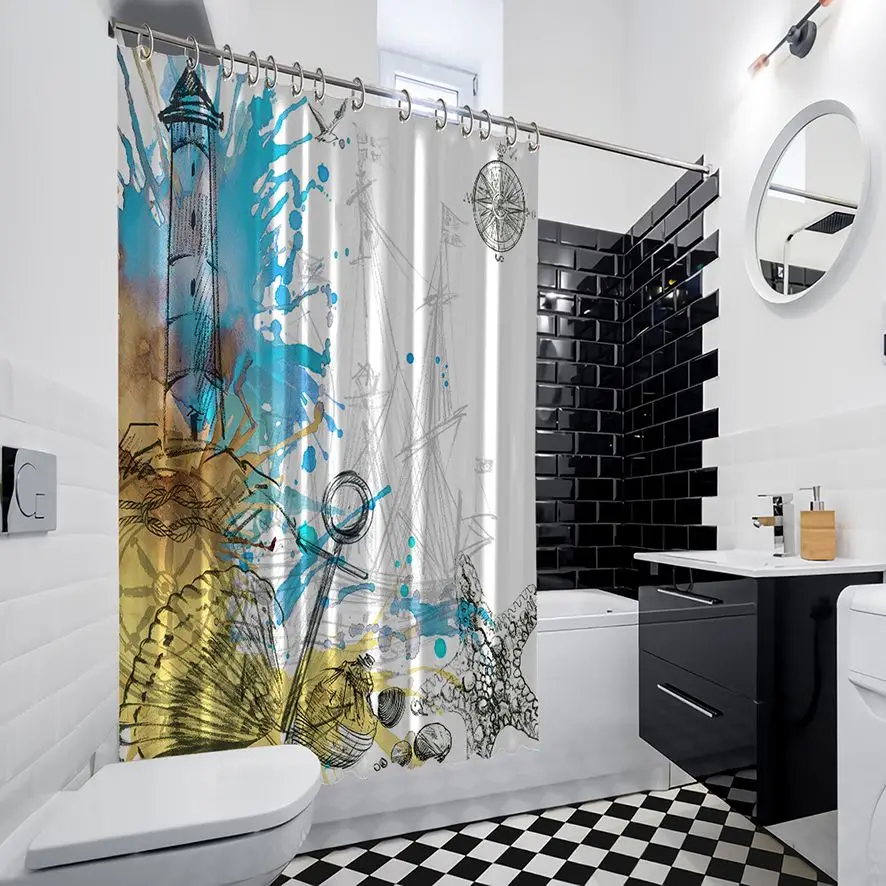 Занавеска для душа в лодках Морской Маяк Раковина Морская звезда Краска Брызги