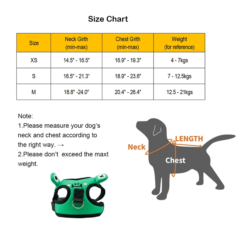 

Cute Dog Harness Bull Frog leash set for Medium and Small Dogs Nylon Breathable Harness Comfortable for Jogging 3 sizes
