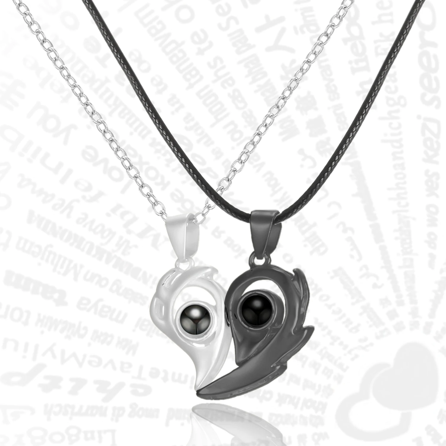 

Titanium Stainless Steel Flame Magnetic Heart Couple Necklace I Love You 100 Languages Projection Necklace for Women Men Jewelry