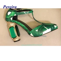 2022 new green sheepskin print t bejeweled pumps round toe buckle strap sandals high heels summer sexy womens shoes shallow