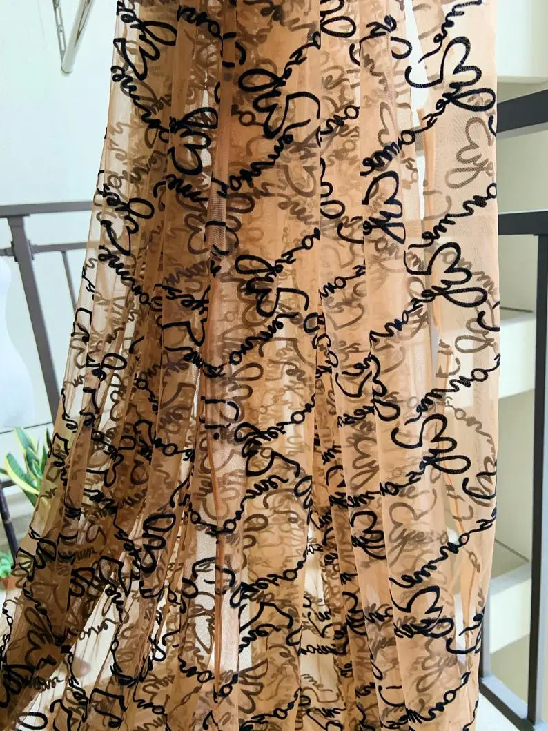 1Yard Brown Tulle Lace Fabric With Alphabet Eyes On Me Embroidered Mesh Velvet Words | Дом и сад