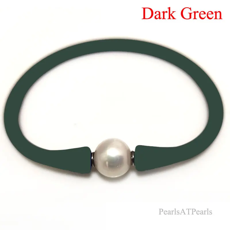 

7 inches 10-11mm One AA Natural Round Pearl Dark Green Elastic Rubber Silicone Bracelet For Women