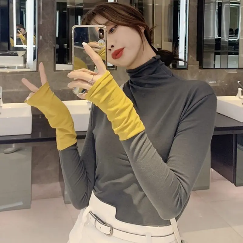 Однотонная футболка с высоким воротом для студенток корейский Свободный осенне