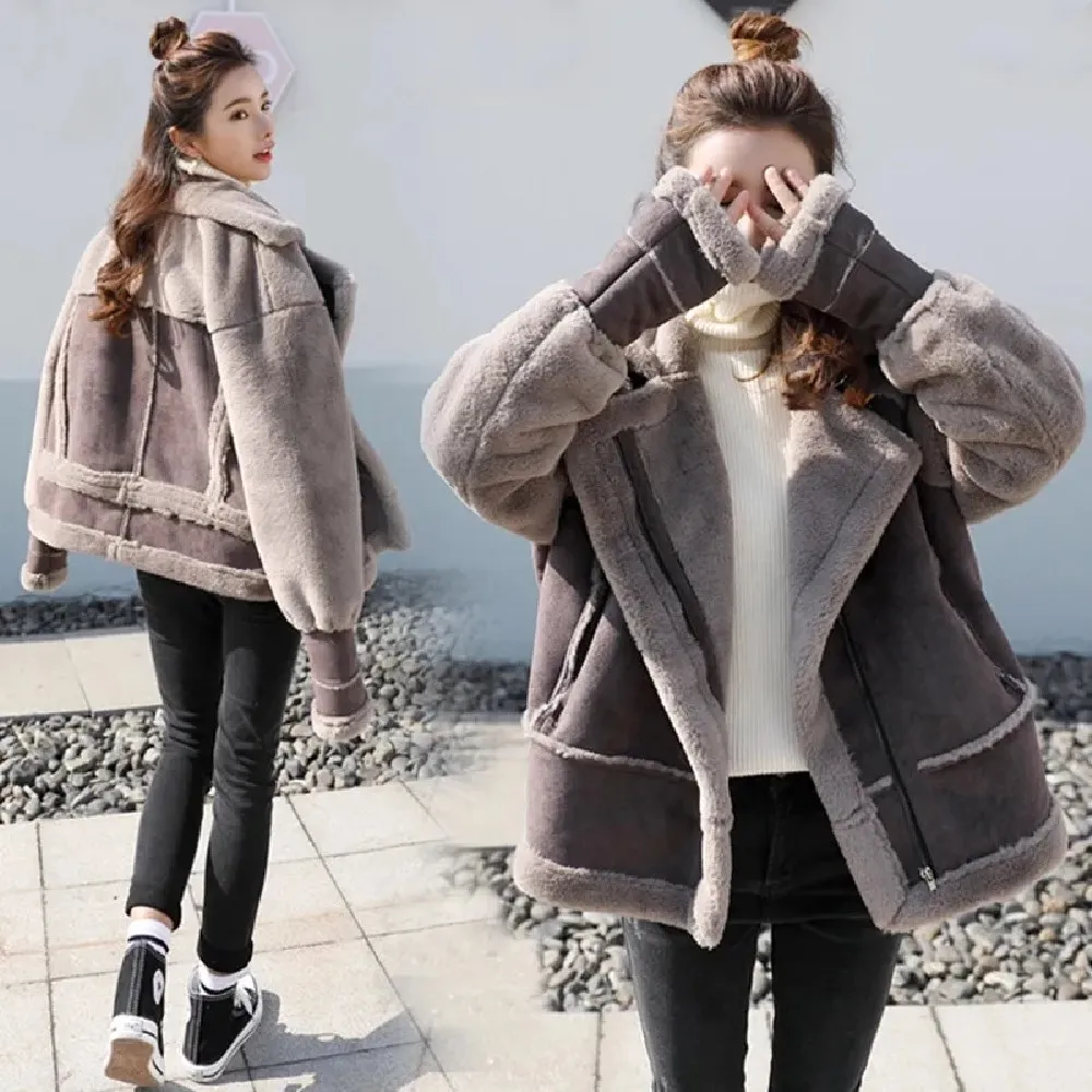 

2021 Winter Women Imitation Deerskin Velvet Jacket Fur Coat Winter Plus Velvet Thick Fur Lamb Motorcycle Jacket Women Fur Coat