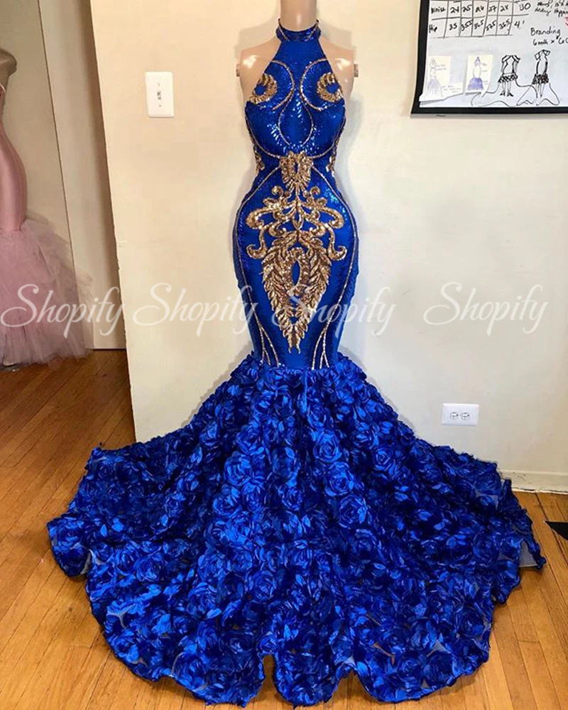 

Long Nigeria Sexy Prom Dresses 2022 Halter Mermaid Gold Sequin 3D Flowers Royal Blue African Women Prom Dress