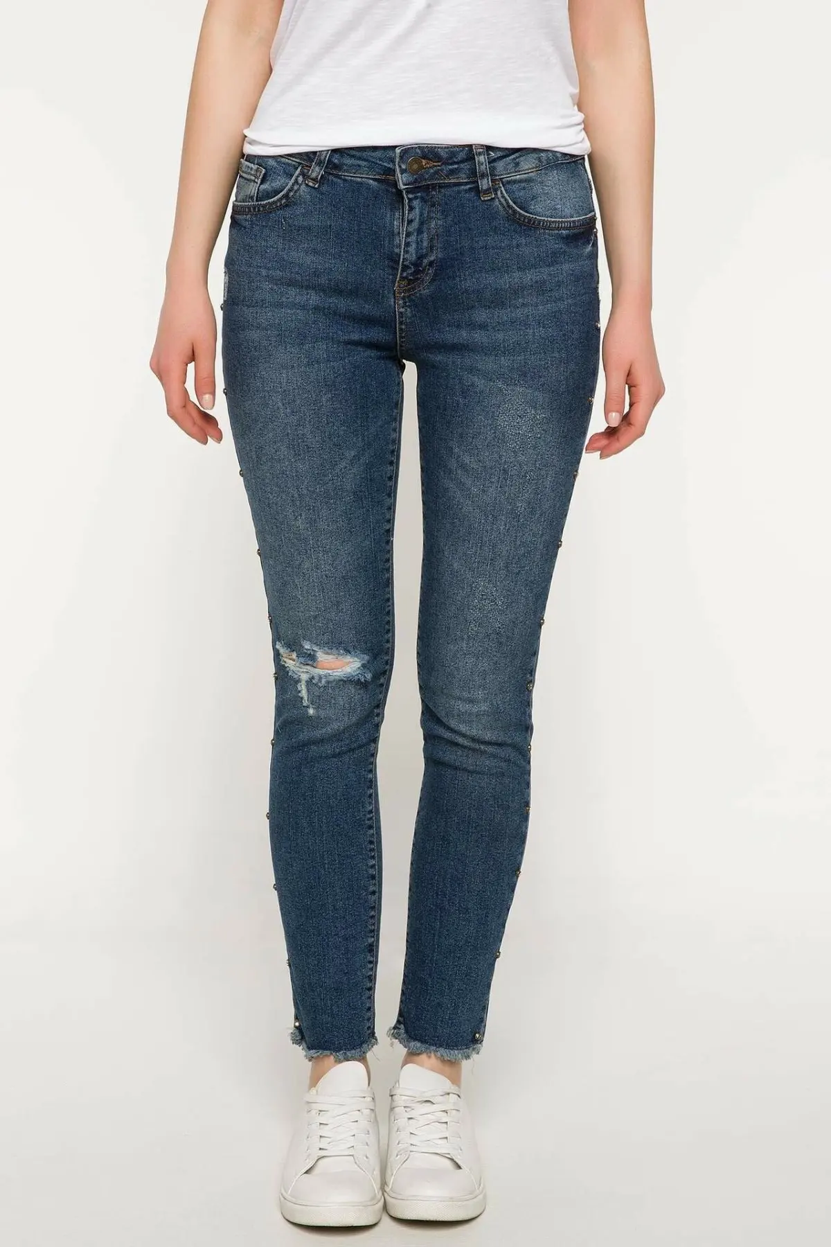 Женские облегающие джинсы DeFacto синие с дырками повседневные джинсовые