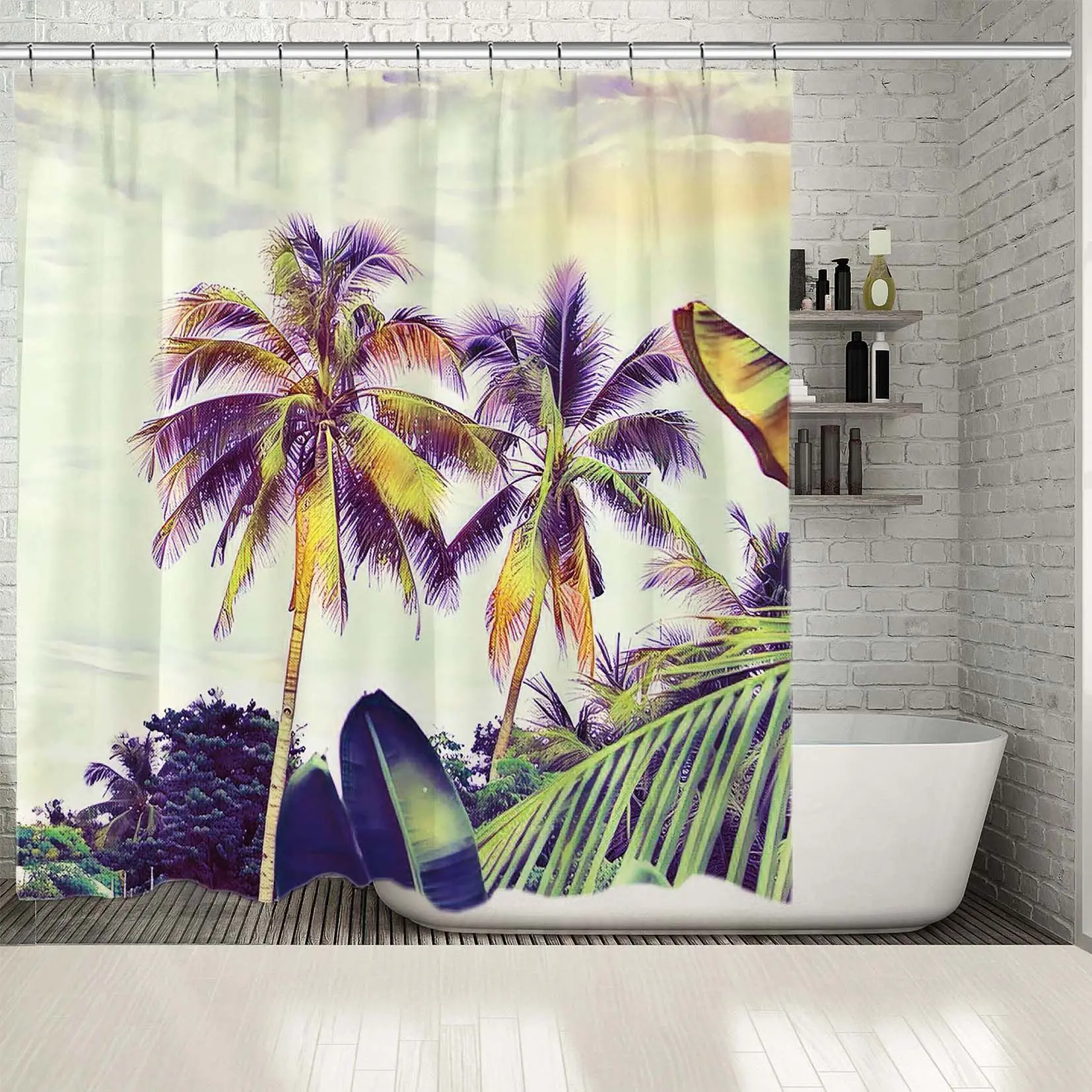 

Shower Curtain Palm Trees Exotic Plants Against Cloudy Sky Sunset Tropical Landscape Photo Printed Green Yellow Purple