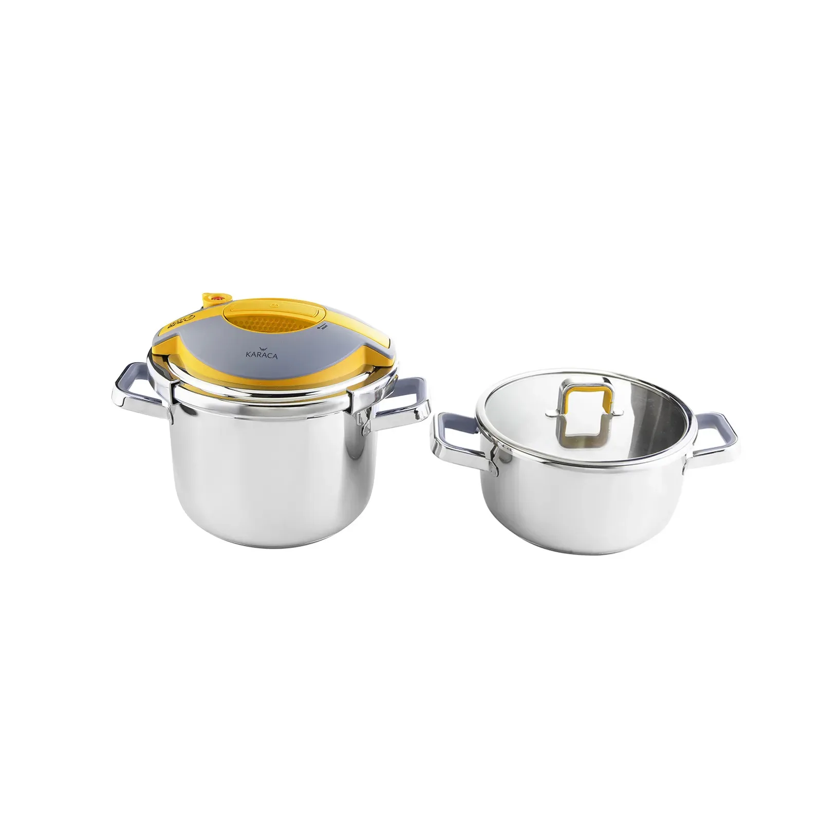 

Karaca Orbit Yellow Pressure Cooker Set 4+6 Liters Non-flammable and Non-Heat Side Handles Induction Included Suitable For Use On All Stoves Pressure lid that can be used in 2 pots 2022 Universal Kitchen