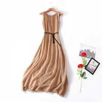 boutique new style lady sleeveless temperament silk dresses womens lace up waist large skirt loose mid length 2021 summer dress